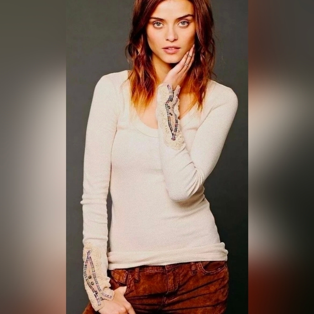 Free people Small Fiesta meadow embellished cuffs thermal waffle  anthropologie